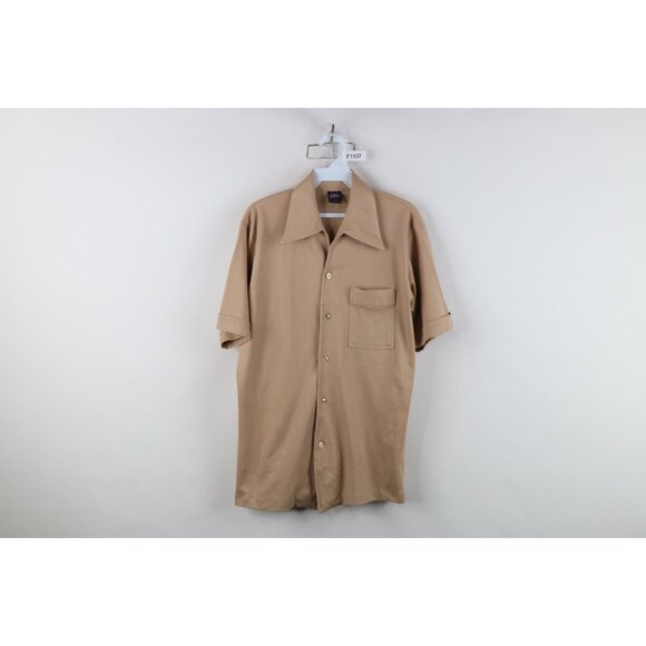 Vintage 70s Streetwear Mens Medium Knit Camp Collar Short Sleeve Button Shirt - Picture 1 of 15